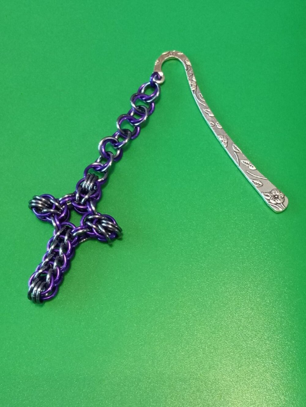 Purple & Grey Chain Mail Cross Bookmark